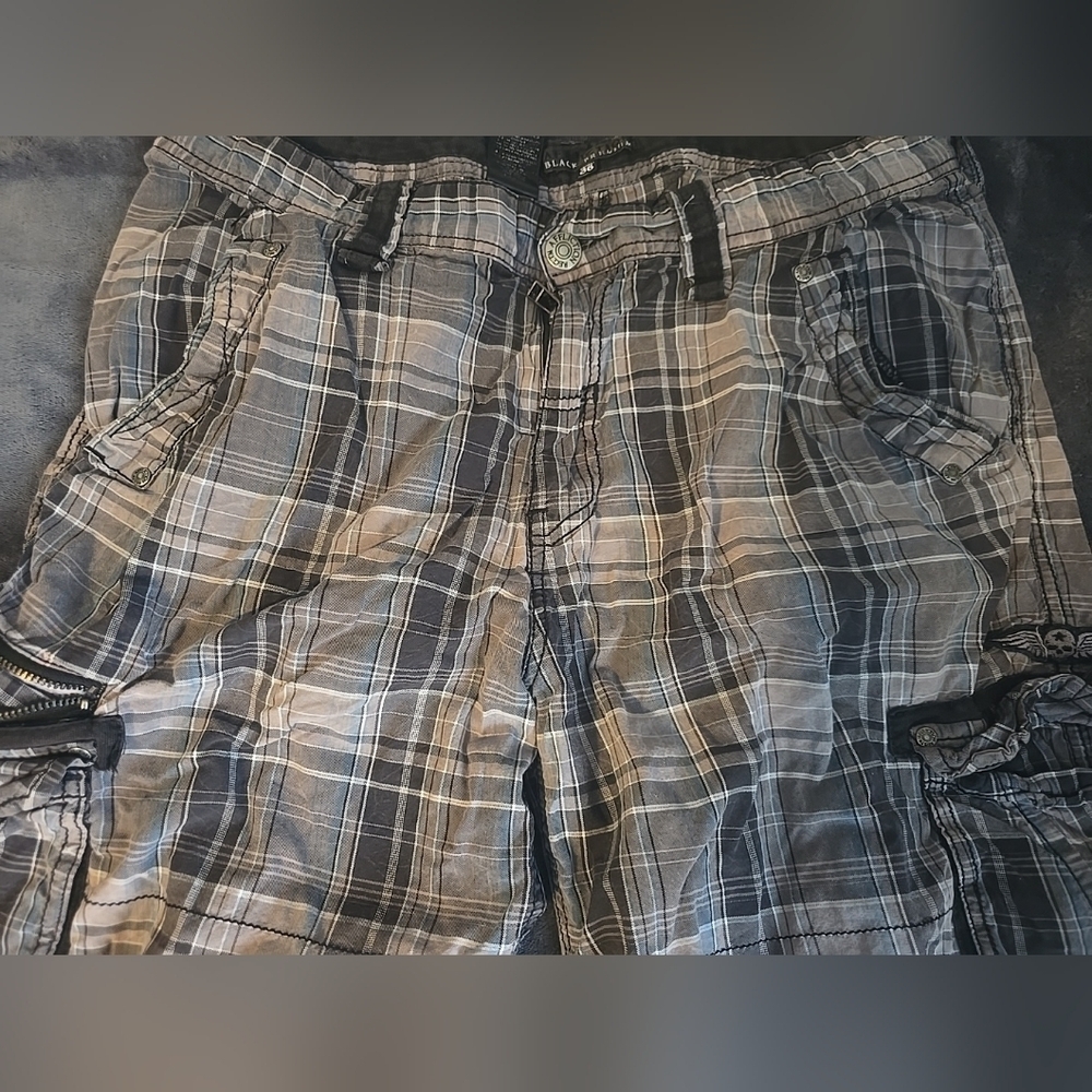 Affliction Black Premium Plaid Cargo Shorts Mens Sz 36 Multi-Pocket Y2K - Picture 5 of 12